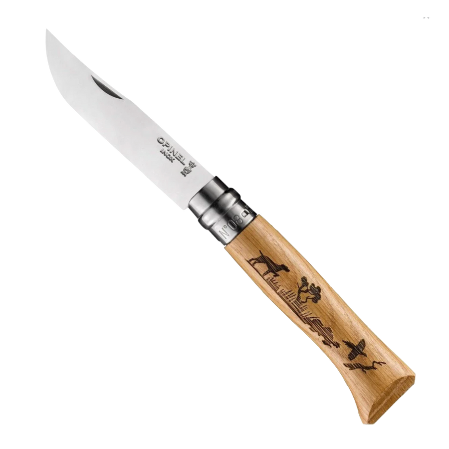 No.08 Oak Engraved Handle Folding Knife - Dog & Bird