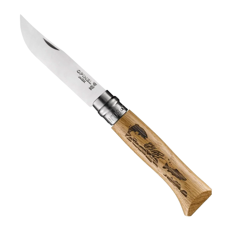 No.08 Oak Engraved Handle Folding Knife - Trout